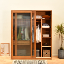 Nordic all solid wood cherry wood tempered glass sliding door large wardrobe log black walnut sliding door wardrobe customization