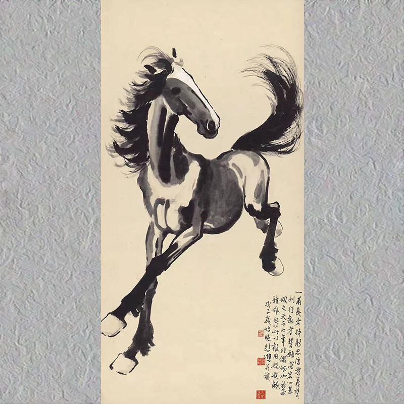 中国古美術 近代 徐悲鴻印款 駿馬画 水墨画 掛軸 宣紙 文房置物 純