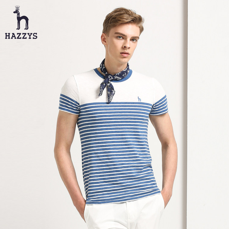 Hazzys哈吉斯男装2015夏新款全棉条纹短袖T恤 英伦修身撞色POLO衫