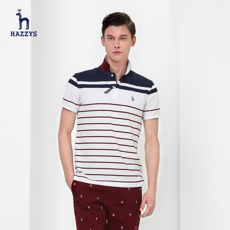 HAZZYS哈吉斯2015夏季短袖T恤男士时尚翻领修身青年条纹纯棉男装