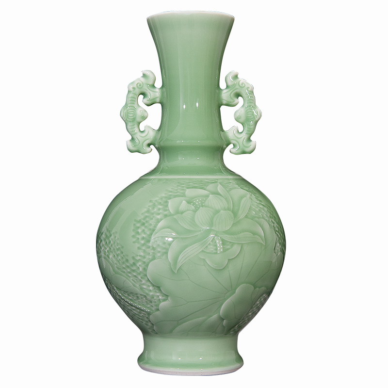 Jingdezhen ceramic film green ears bottle of new Chinese style carved lotus sitting room porch place flower decoration