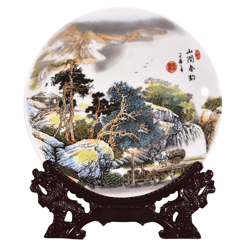 Jingdezhen ceramics pastel landscape decoration hanging dish sit plate of new Chinese style household adornment handicraft furnishing articles sitting room