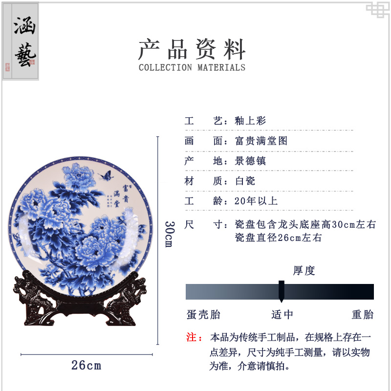 Jingdezhen blue and white ceramics CV 18 rich decorative hanging dish plate of new Chinese style household crafts home furnishing articles