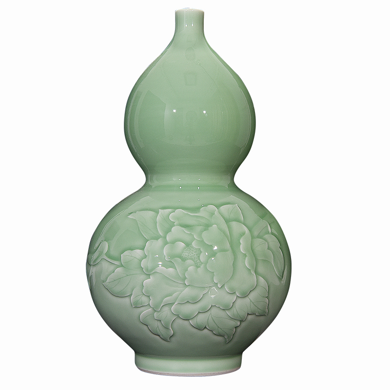 Jingdezhen ceramics shadow green new Chinese style living room porch carved gourd vase flower adornment handicraft furnishing articles