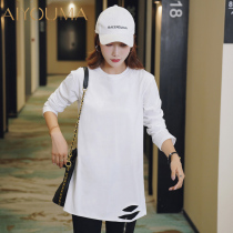 Spring 2021 long sleeve base shirt female loose hole White top cotton T-shirt