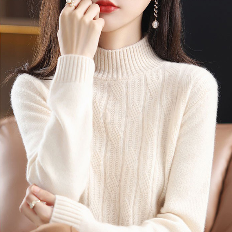 Ordos Produce Cashmere Sweater Women Half High Collar Sweatshirt Autumn Winter Sheep Sweatshirt Woman Loose shorts Undershirt Woman-Taobao