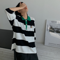 RANYI LONDON designer brand striped diamond buckle seven-point sleeve polo shirt 2021 spring summer summer T-shirt top women