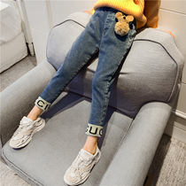 UK eno next girls' stretch fleece jeans autumn winter children's thickened pants big kids casual pants