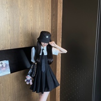 JoyingFeng (Sheffield) Black Square Collar Pleated Dress Summer High Waist Skirt Small