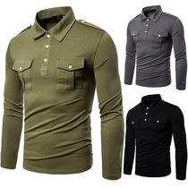 Trend muscle mens army green long sleeve T-shirt uniform shirt collar cotton base shirt Personality pocket epaulet large size