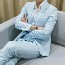 Sky blue Korean version of the suit three-piece trend host dress fat man plus size 5XL wedding suit suit