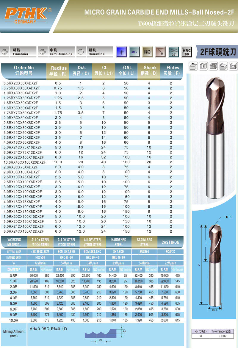 德国pthk60度钨钢涂层刀 cnc数控刀具 合金立铣球刀4rx16cx60x2f