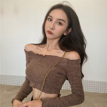 One-word shoulder top Womens design sense niche summer with a short base shirt Tight sexy strapless long-sleeved T-shirt
