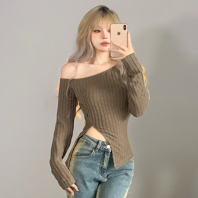 #Sisjuly#vintage French vintage clavicle essence slanted shoulders slim long sleeves slim T-shirt women all-match show waist #Sisjuly#vintage French vintage clavicle essence slanted shoulders slim long sleeves slim T-shirt women all-match show waist