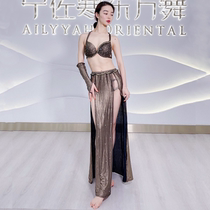 Zuo Han Menglu belly dance performance performance suit 2021 summer new heavy industry coffee color sequins sexy suit oriental