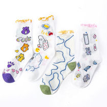 Spring and summer thin lolita grid small illustration Japanese Loli cute fairy womens socks mid-tube socks