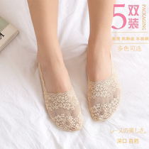 3-5 pairs of socks womens cotton socks bottom deep mouth boat socks womens summer thin lace invisible socks silicone non-slip can not fall off the heel