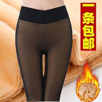 Wear the spring and autumn thin high waist fake meat plus velvet padded leggings womens large size warm pants mesh gauze double-layer