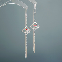 2021 New Tide Pure Silver Brief Lotus earline Han version Personality Temperament long Thin Face Mesh Red Earrings Woman