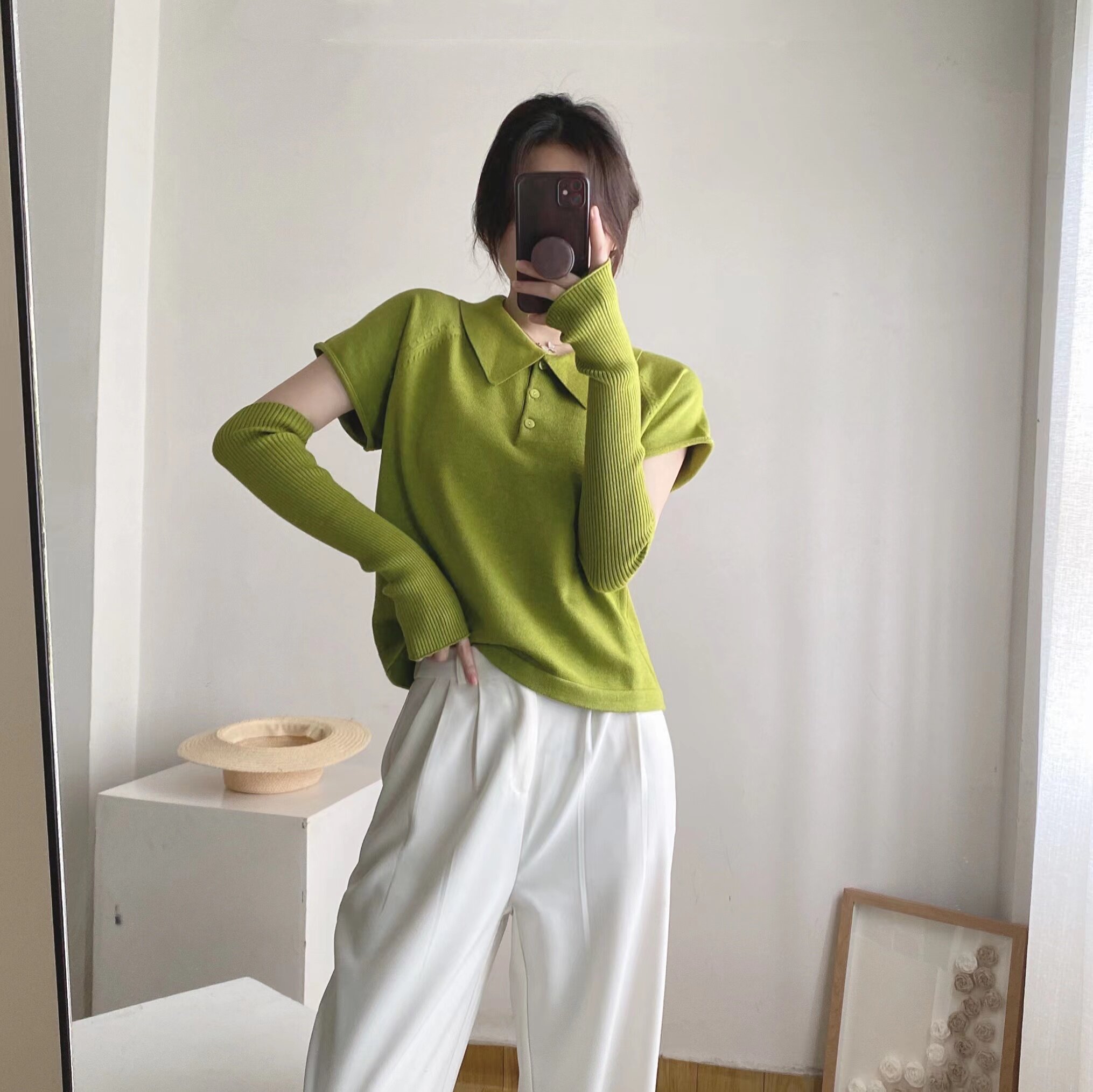 gemini 春夏芥末绿纯色翻领短袖上衣女显白时髦袖套两件套针织衫