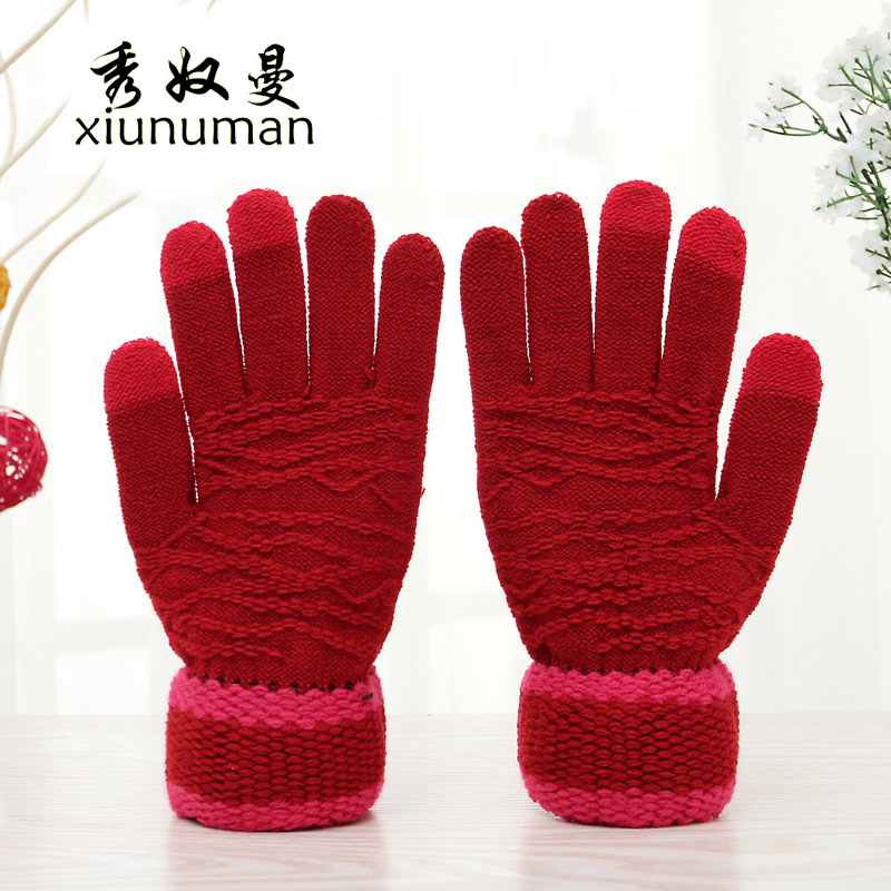 New warm full finger autumn and winter thickened velvet female Korean version tide winter student cycling cute wool knitting gloves