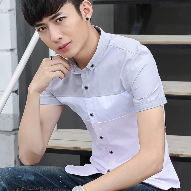 ເສື້ອເຊີດນັກຮຽນ Summer Slim-fitting trendy no-iron half-sleeved fashion shirt men's short-sleeved casual shirt Korean version