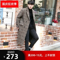 Trench coat mens plaid woolen coat mens long Korean version trend handsome English style winter thick loose coat