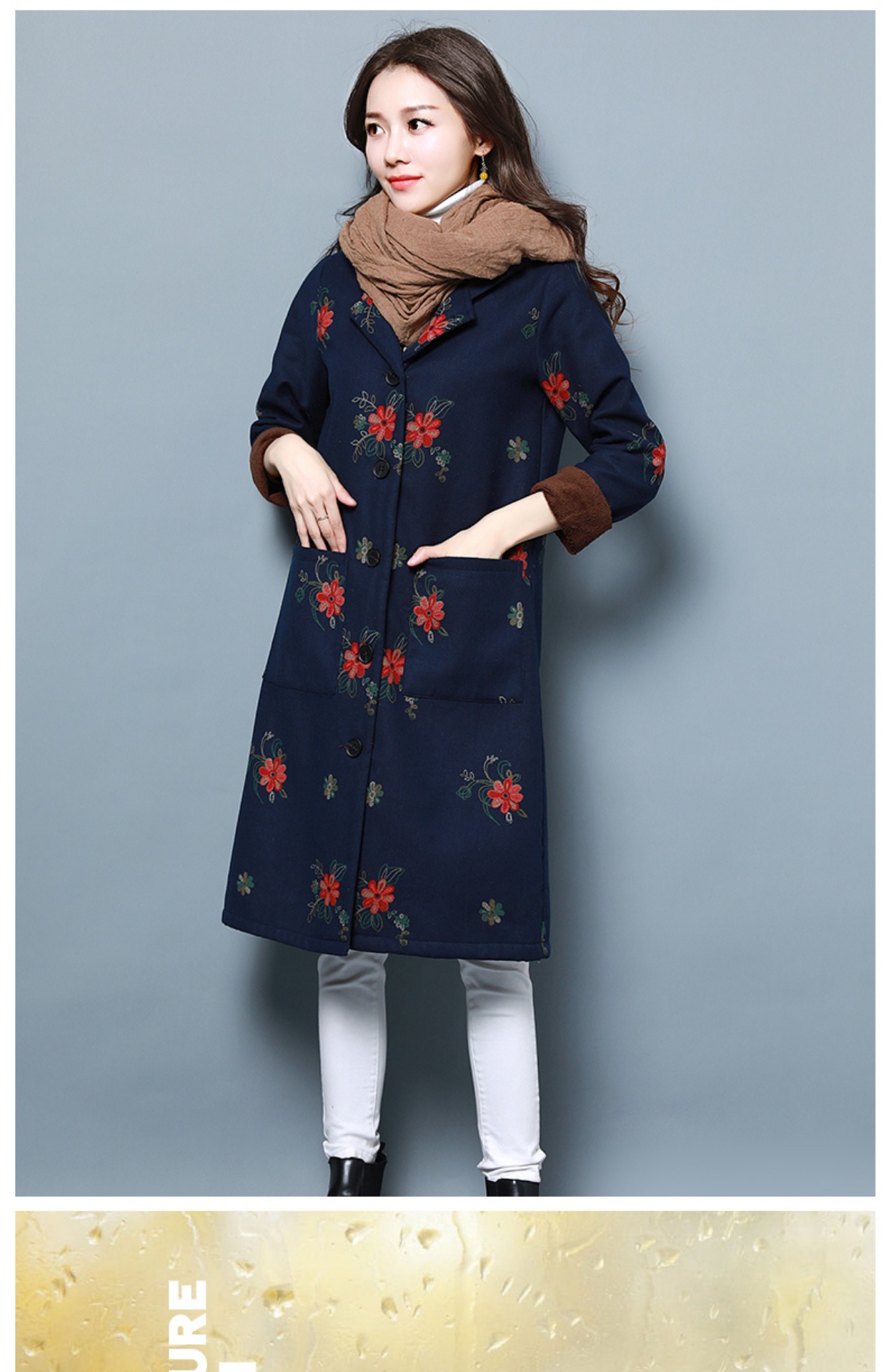 秋冬加绒棉衣女中长款棉麻复古连帽加厚棉服民