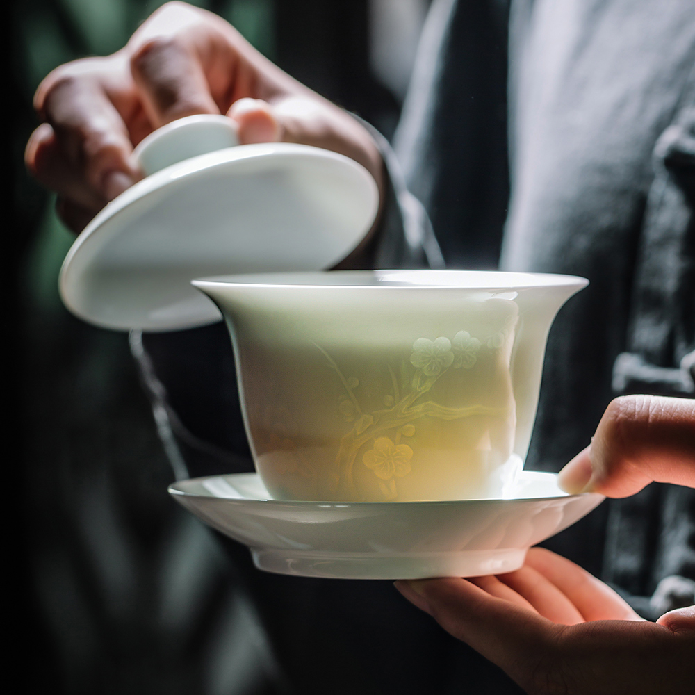 Three only shadow left up green tureen tea bowl large kung fu tea tea cup of jingdezhen ceramic manual its