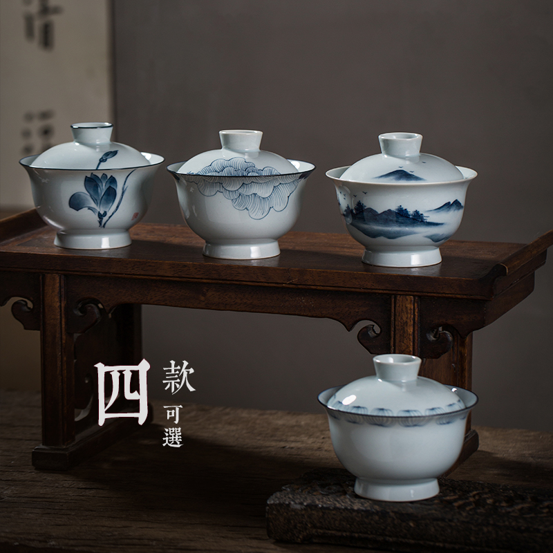 Hand - made tea tureen large single kung fu tea set jingdezhen porcelain ceramic three bowl cups under the glaze color