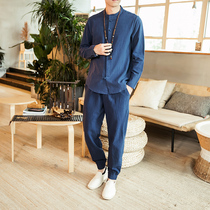 Chinese style cotton and hemp two-piece set spring and autumn plate top casual trousers large size national style Tang dress fashion suit