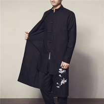 autumn new Chinese style men's embroidered men's long trench coat coat men's vintage trendy button-down hooded coat