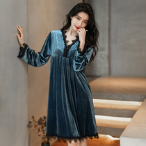 Sandro Moscoloni Spring autumn high-end gold velvet sleeping dress woman 2022 new temperament long sleeve home sleeping robe