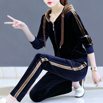 Golden Velvet Leisure Sportswear Set Women Spring and Autumn 2021 New Large Size Loose Famous Brand Hooded Sweater Two-piece Set
