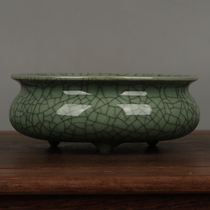 Jingdezhen ceramic antique Gokao kiln green glaze open film three-legged small incense burner antique porcelain antique old ornaments
