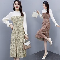 2021 spring and autumn season new fashion stitching floral lamp core velvet mid-length dress Korean version of the base temperament long-sleeved dress