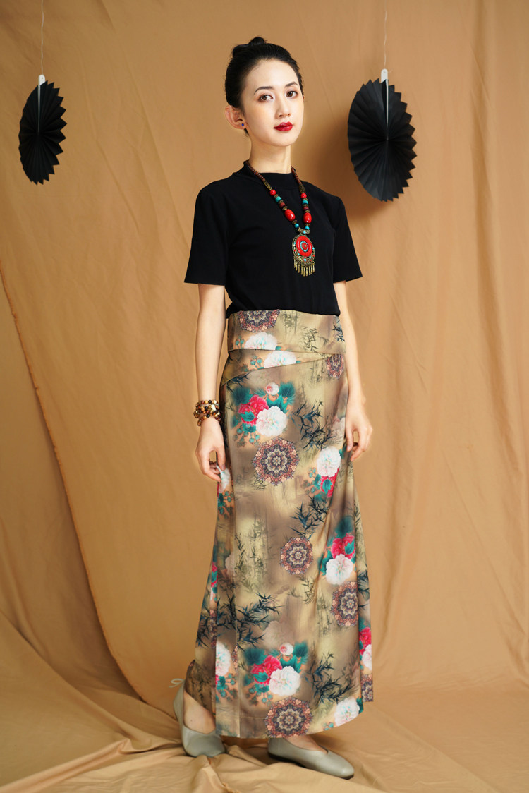 旅游藏式锅庄舞裙印花民族特色一片式广场舞藏族舞蹈半身裙女