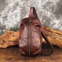 Mens chest bag leather first layer cowhide chest crossbody bag Multi-function mens bag shoulder bag large capacity leisure backpack