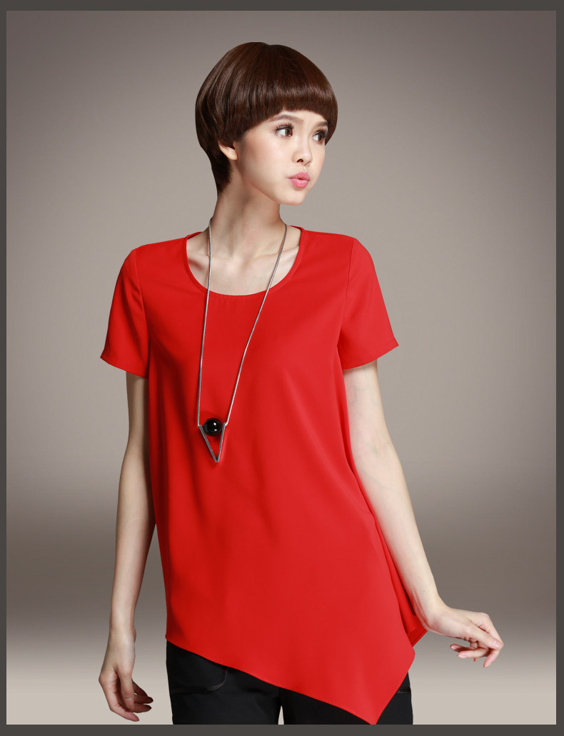 2018夏装新款大码女装宽松时尚红色上衣雪纺衫短袖中长款t恤女潮