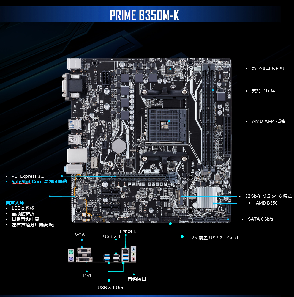 asus/华硕b350m-k主板 锐龙amd ryzen 5 1600x四核cpu主板滩屯