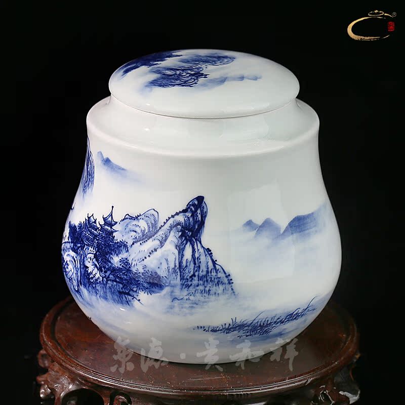 Beijing 's blue and white landscape and auspicious save tea caddy fixings jingdezhen ceramics receives gifts tea packaging gift box