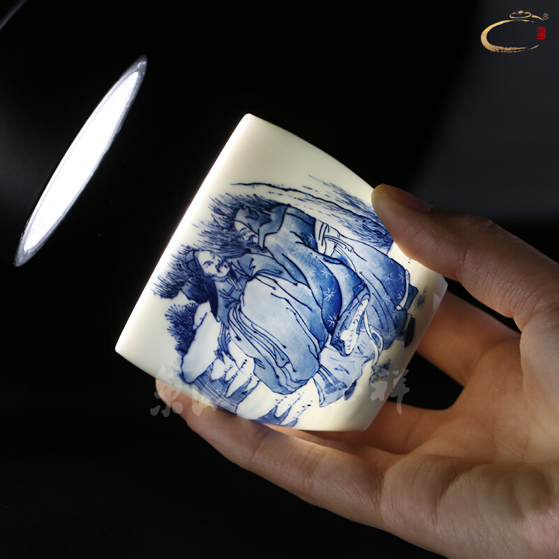 Jingdezhen and auspicious hand - made of blue and white degree of incognito kung fu tea set off cup master cup a cup of pure checking sample tea cup