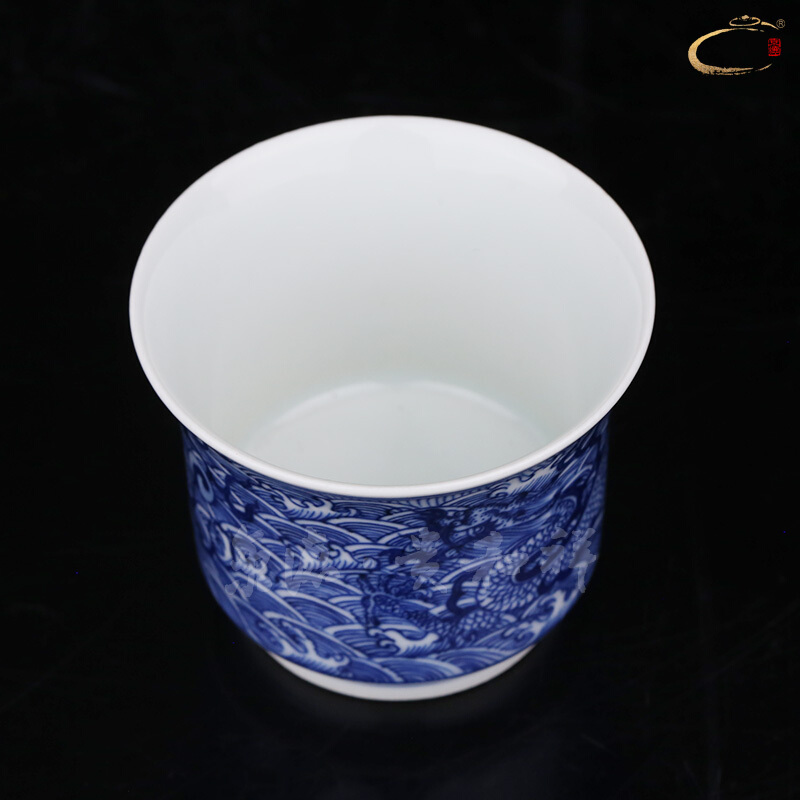 Beijing DE jingdezhen blue and white sea grain and auspicious dragon cup manual sample tea cup masters cup ceramic kung fu tea cup