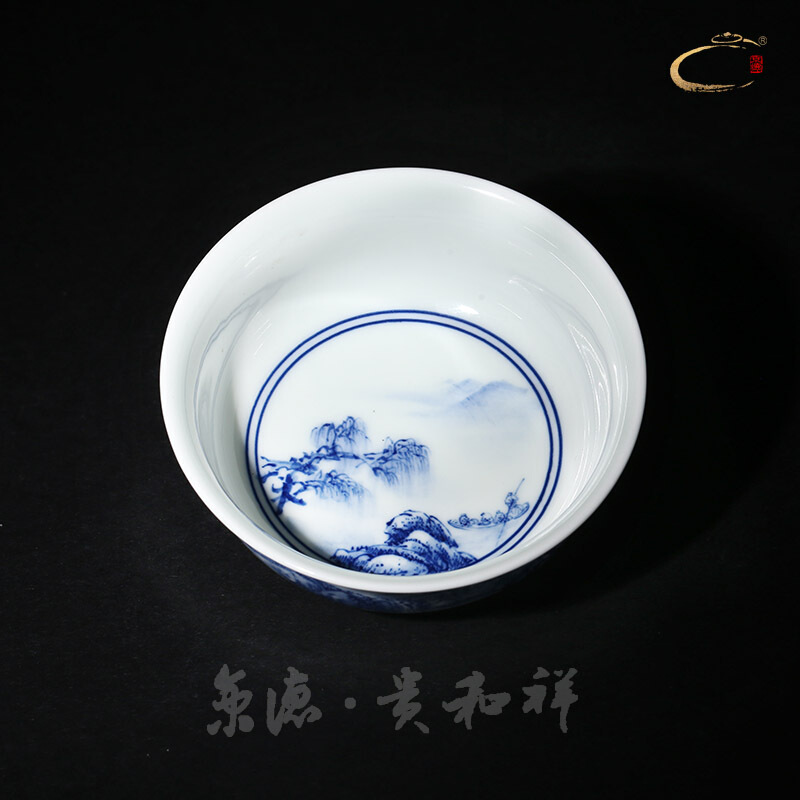 Jingdezhen and auspicious pure manual master cup blue inside and outside color landscape cup cup single CPU hand - made sample tea cup