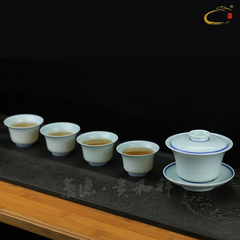 Jing DE auspicious jingdezhen esteeming harmony all hand kung fu tea set gift box set ceramic blue double tureen four groups