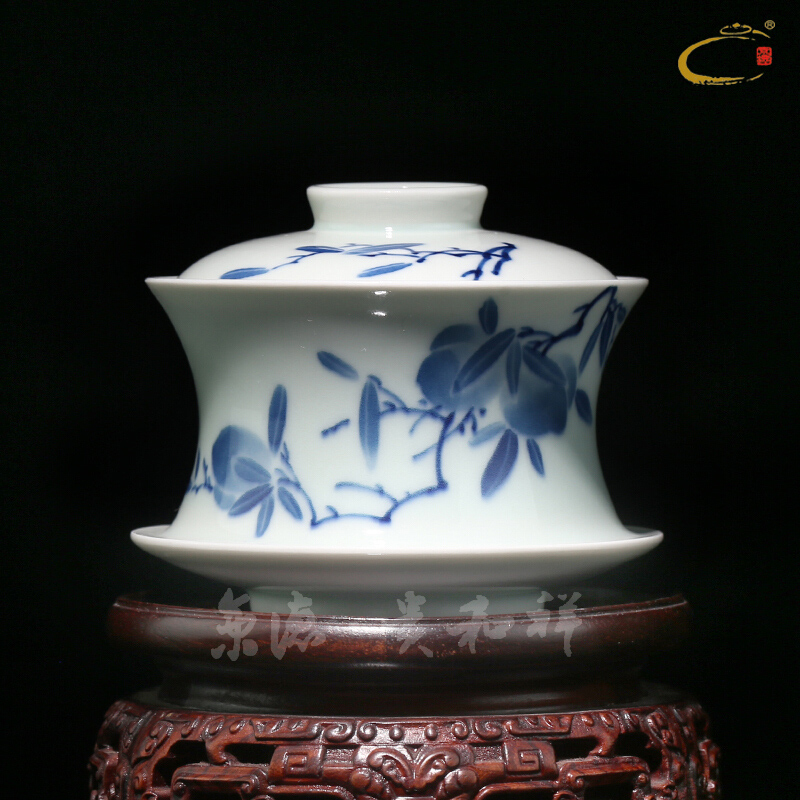 Jing DE auspicious manual hand - made esteeming harmony of blue and white peach delight in tureen jingdezhen ceramic tea cup three worship the bowl
