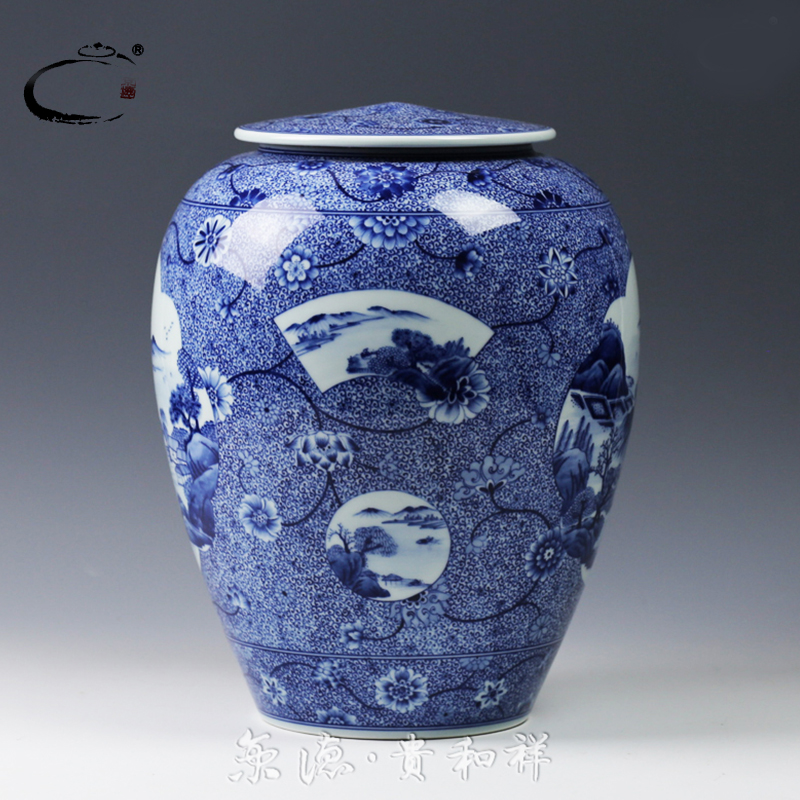 Beijing 's master of jingdezhen blue and white window and auspicious scenery caddy fixings hand - made ceramic wake tea sealed storage tank