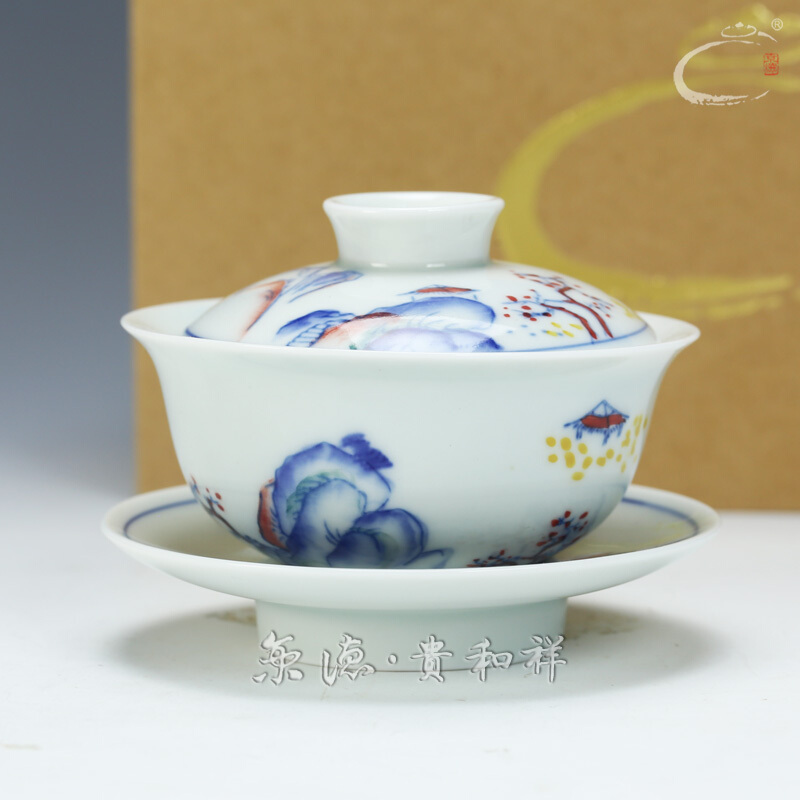 Jing DE and auspicious jingdezhen hand - made high temperature ceramic kung fu tea set gift suit colorful landscape tureen group