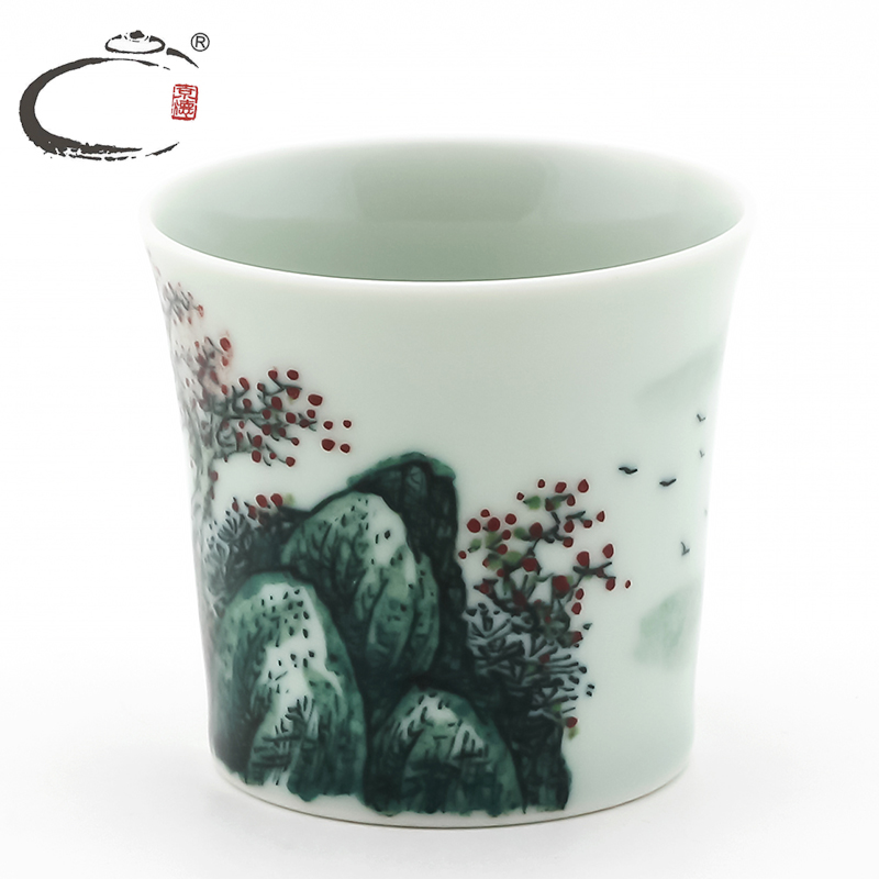 And auspicious color And blue And white porcelain cups cup sample tea cup beakers jing DE collection landscape green glaze cup