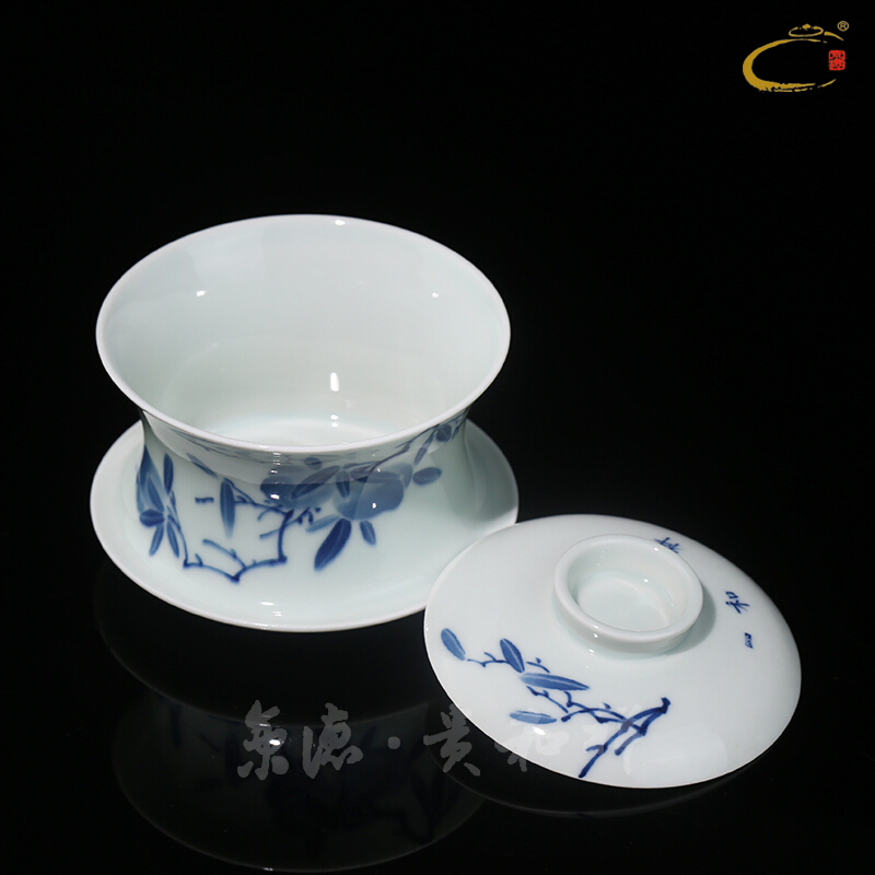 Jing DE auspicious manual hand - made esteeming harmony of blue and white peach delight in tureen jingdezhen ceramic tea cup three worship the bowl